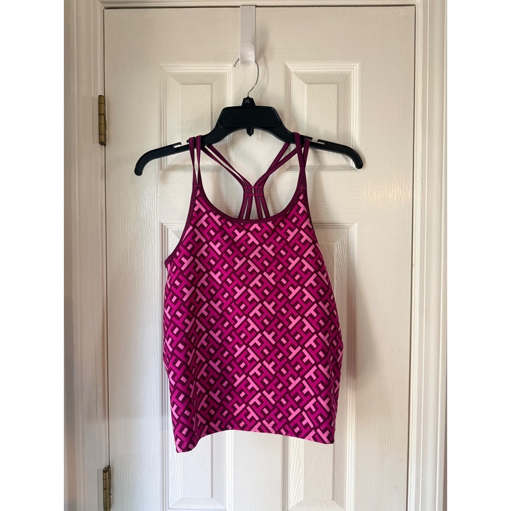 Tommy Hilfiger Sport Pink Monogram Strappy Racerback Tank Top XL Built-in Bra
